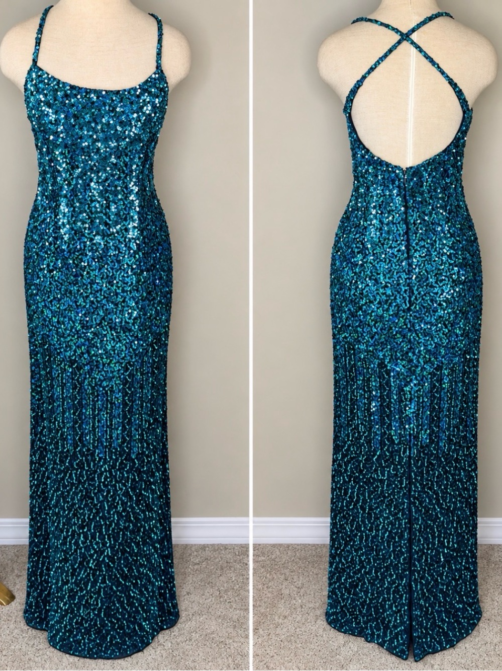 Adriana Papell Vintage Y2K Mermaidcore Sequin Gradient Evening Gala Formal Dress